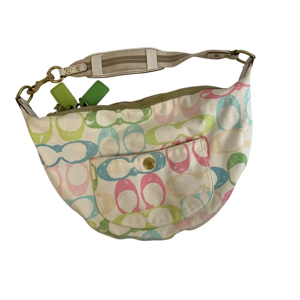 VTG Y2K Coach Multicolor Signature Print Hobo Bag Leather Accents Canvas